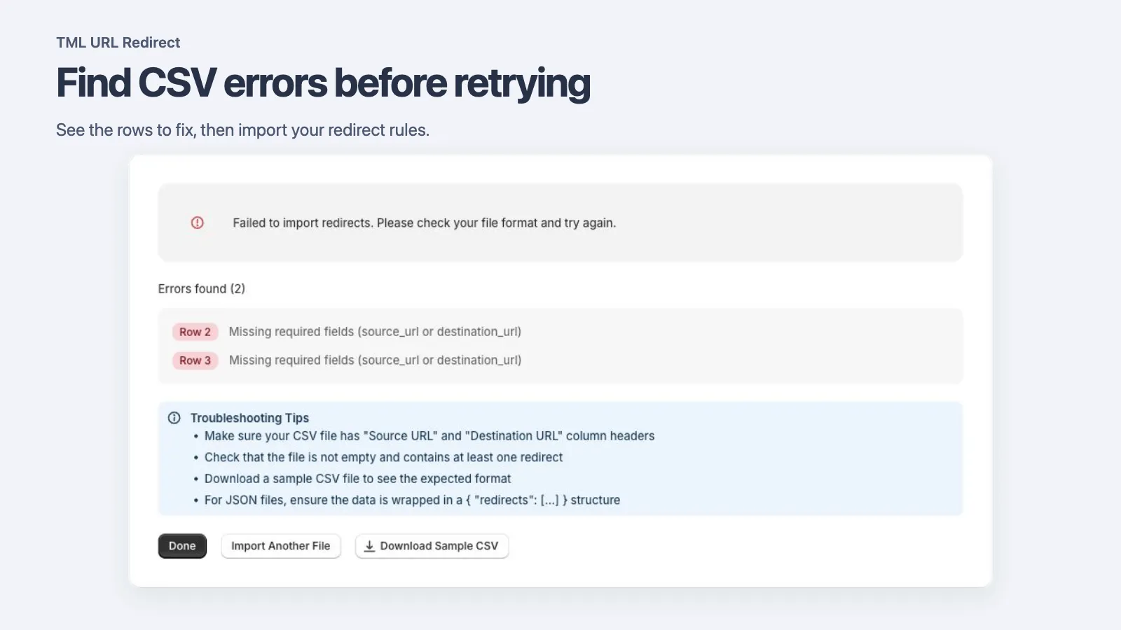TML URL Redirect CSV import showing row errors and troubleshooting tips