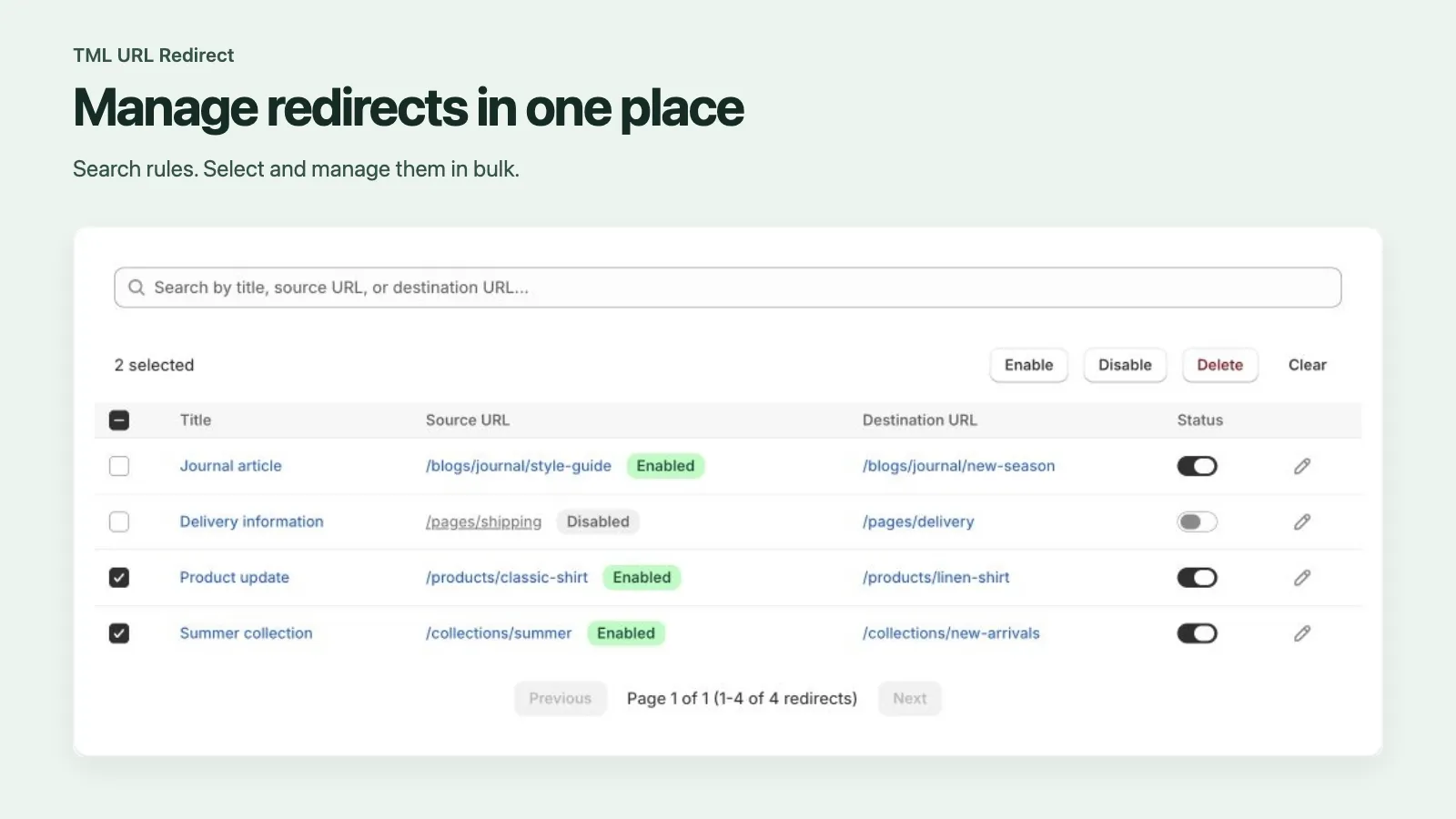 TML URL Redirect dashboard with search and bulk actions